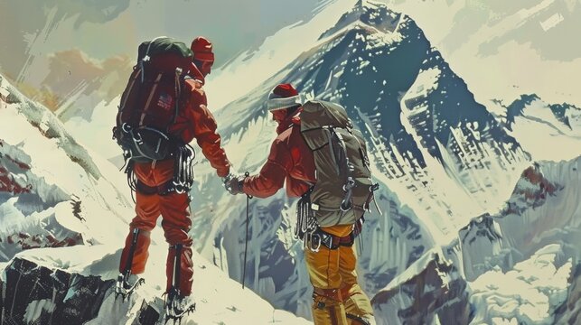 Two climbers holding hands on the summit of a snow-capped mountain.