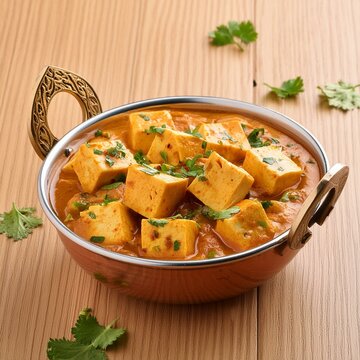 Indian traditional cuisine food shahi paneer on wooden table