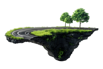 Floating island with vibrant green grass and a single tree on transparent background