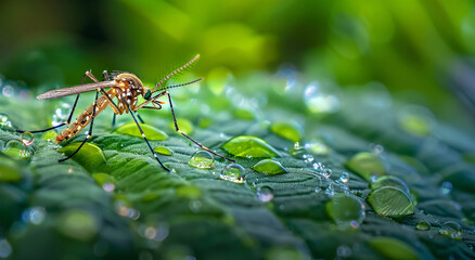 Mosquito resting on a dew-covered leaf