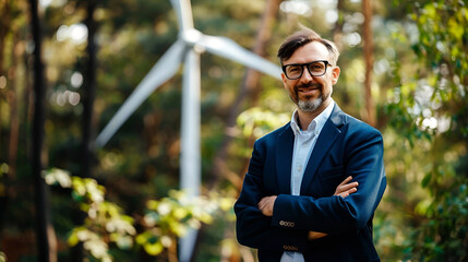 Man in suit with wind turbine in background