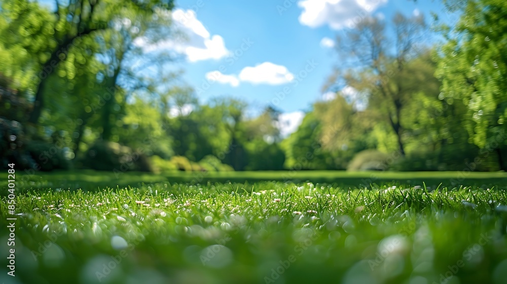 Poster Beautiful blurred background image of spring nature with a neatly trimmed lawn surrounded by trees against a blue sky with clouds on a bright sunny day : Generative AI