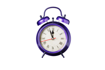 retro clock, pointer clock, violet, purple color alarm clock on isolated white background close up