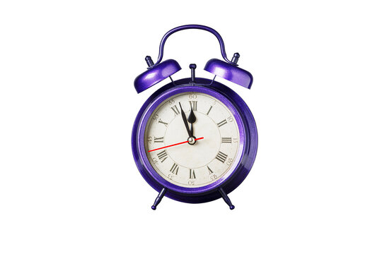 retro clock, pointer clock, violet, purple color alarm clock on isolated white background close up