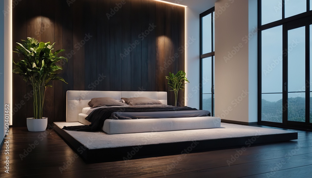 Wall mural bedroom interior with dark black and grey style. black headboard and wooden floor with glass window.