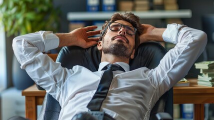 Obraz premium A handsome businessman was relaxing at his desk, next to a small pile of money, as he leaned back in his chair, financially in peril