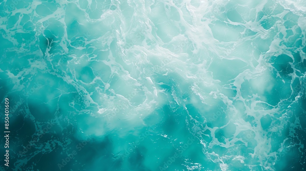 Poster from above aerial view of turquoise ocean water with splashes and foam for abstract natural backgrou