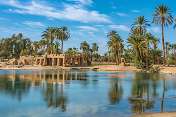 Obraz premium A hidden oasis in the vast desert featuring crystal-clear waters, towering palm trees, and ancient ruins nestled in the sand.