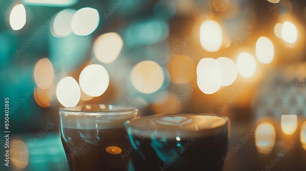 Poster blurred images of the coffee shop cafe interior background and lighting bokeh : generative ai