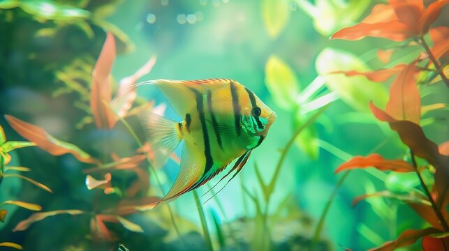A green beautiful planted tropical freshwater aquarium with fisheszebra angelfish pterophyllum scalare aquarium : Generative AI