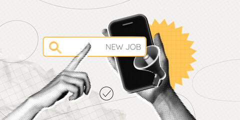 Trendy Halftone Collage Hand holds Phone with new job offer. Online hiring vacancy. Search bar with new job text. Remote work. Surrealism template metaphor. Contemporary vector illustration art