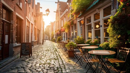 Obraz premium A cheerful cafe terrace overlooks a charming cobblestone street, exuding warmth and community.