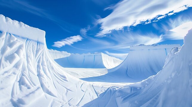 A pristine snowboarding halfpipe stands majestically against a blue sky, inviting thrill-seekers for an adrenaline rush.