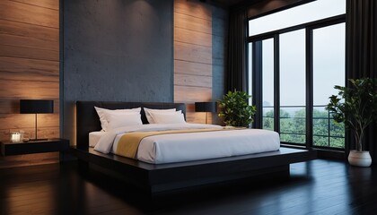 Luxurious apartment master bedroom interior with walk-in wardrobe and bathroom with shower inspired by high class hotel room.