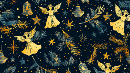 A festive Christmas pattern featuring blue and yellow colors with intricate designs of angels and bells. Thanksgiving. Seamless pattern. Holiday gift wrap. Banner. Copy space