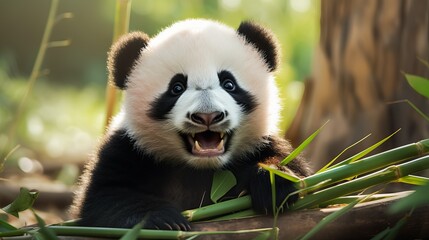 Fototapeta premium Playful Baby Panda in Natural Habitat, Enjoying Bamboo Leaves, Captured in Vibrant Green Forest of China