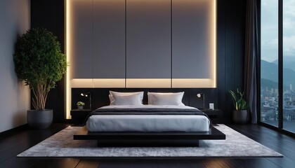 Luxurious apartment master bedroom interior with walk-in wardrobe and bathroom with shower inspired by high class hotel room.