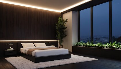 Fototapeta premium Luxurious apartment master bedroom interior with walk-in wardrobe and bathroom with shower inspired by high class hotel room.