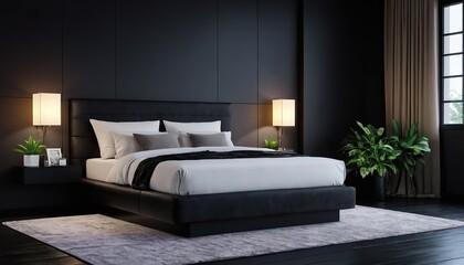 Luxurious apartment master bedroom interior with walk-in wardrobe and bathroom with shower inspired by high class hotel room.