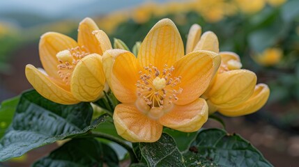 Fototapeta premium Close-up of Delicate Yellow Flowers with Water Droplets