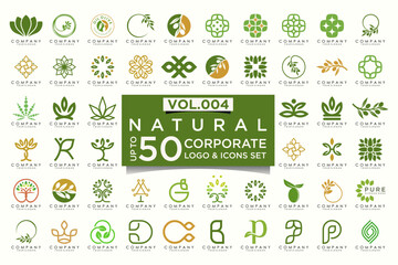 creative leaf logo icon set. Abstract design eco logo, green leaf seedling, growing plant.