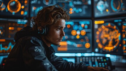 Cybersecurity attack simulation on a virtual dashboard, dark room, high-tech, realistic photo