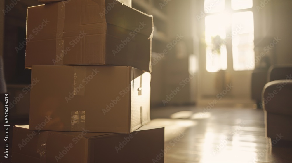 Poster a stack of moving boxes in a sunlit room, capturing the essence of relocation with natural light str