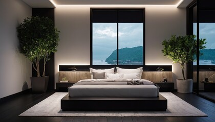 Modern bedroom with window Luxury bedroom Master black wood bedroom Bedroom furniture