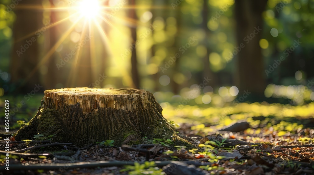 Poster a sunlit tree stump in a forest setting, surrounded by a lush environment and highlighted by a beaut
