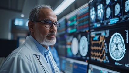 AI-driven diagnostics in a modern hospital, doctors analyzing holographic data, realistic photo, clean and bright