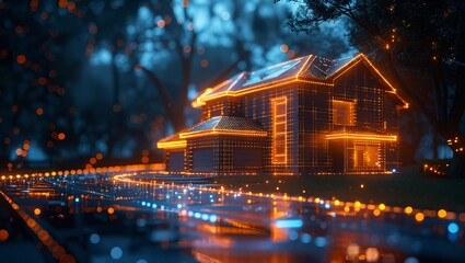 Smart home security system with holographic interface, entrance area, realistic photo