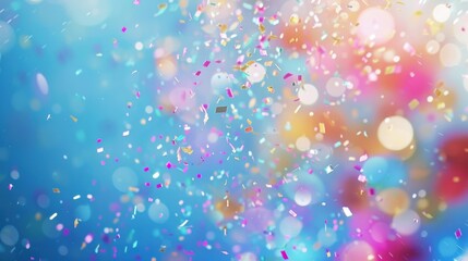 Bright and multicolored confetti falling against a blue background, capturing a joyful and festive scene ideal for celebrations and parties.