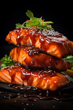 Close-up of mouth-watering teriyaki salmon with glaze, sesame seeds, and fresh garnish. Vertical, side view on dark background.