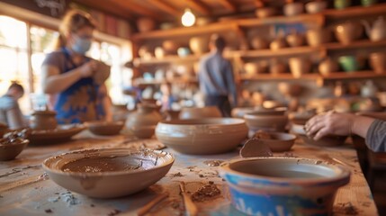 Pottery workshop with various clay pots on a wooden table. People in aprons and face masks sculpt and work with clay in the background.