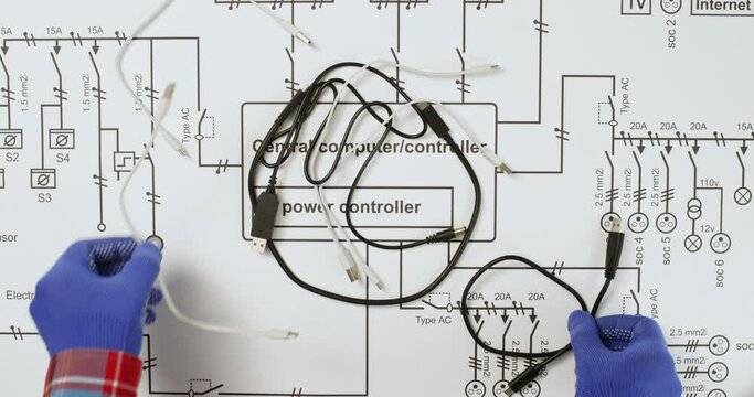Electrician arranges cables central computer controller circuit plan upper view. Worker prepares wires on electrical schematic diagram