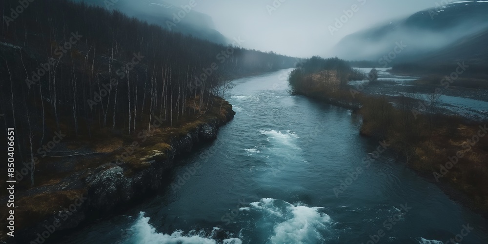 Wall mural mist rises over a mountain stream, surrounded by a forest of lush greenery and scenic beauty.