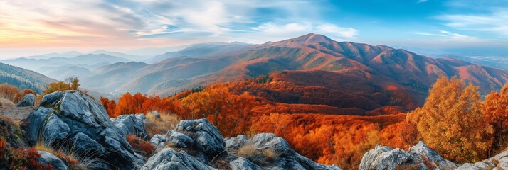 Golden autumn trees blanket lush forest hills in the misty landscape, creating an idyllic scene.