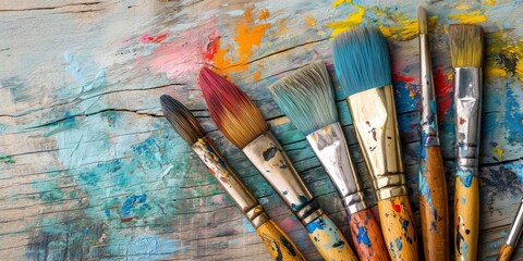 Closeup of stained palette and paintbrushes, showcasing colourful paints and creative tools in an artist's studio.