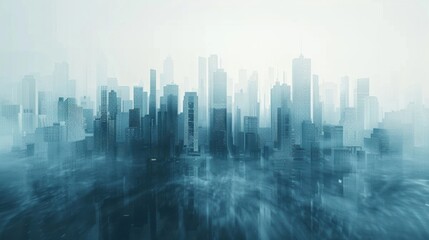 Fototapeta premium A surreal cityscape with tall skyscrapers shrouded in blue mist, creating a futuristic and ethereal urban atmosphere.