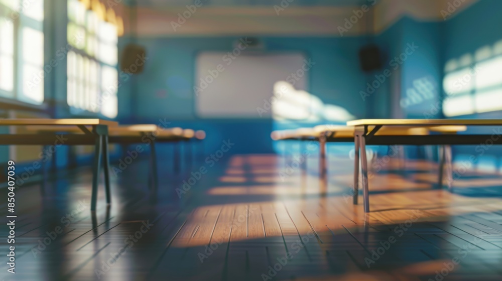 Poster an empty modern classroom with sunlight streaming through large windows, featuring wooden desks and 