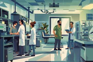 Fototapeta premium Illustration of a modern hospital laboratory, showcasing doctors and lab technicians working together with advanced medical equipment.