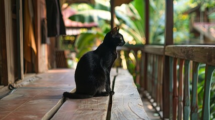 Black cat on a porch in Thailand