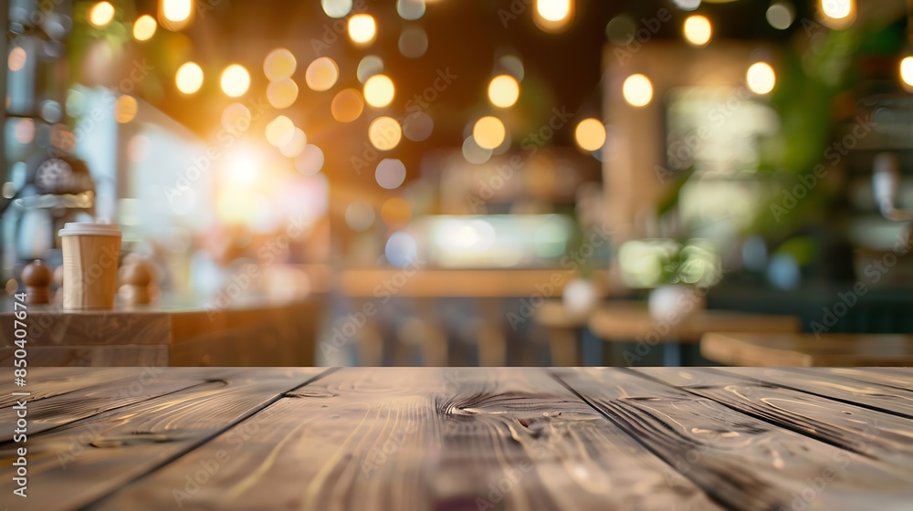 Poster Empty wooden table space platform and blurred cafe or restaurant background for product display montage : Generative AI