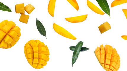 Mango slices and leaves falling isolated on a white background.