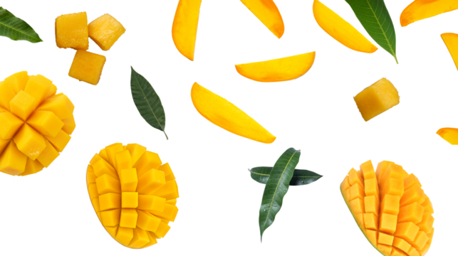 Mango slices and leaves falling isolated on a white background.