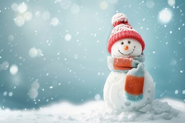 Fototapeta premium Cheerful Snowman in Santa Hat and Scarf on Snowy Winter Day