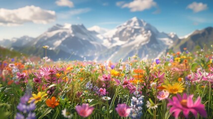 Fototapeta premium Beautiful alpine meadow with colorful wildflowers and towering mountains in background. Perfect for nature and landscape enthusiasts.