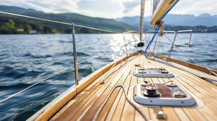 Wooden deck of a sailboat in the sea off the coast