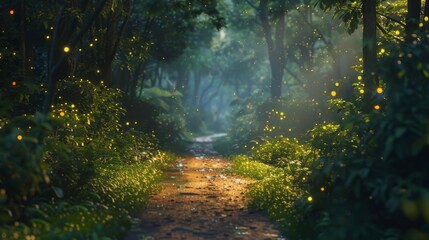 Magical forest path illuminated by glowing fireflies at dusk. Enchanting woodland scene.