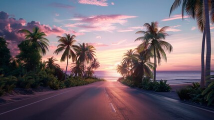 Scenic coastal road with palm trees leading to sunset over the ocean